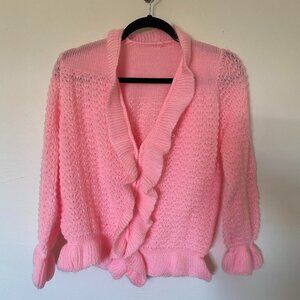 Handmade Baby Pink Knit Ruffle Trim Cardigan